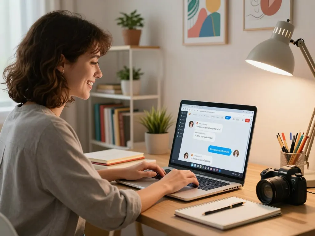 Person enjoying a chat with their ai gf in a cozy home office.