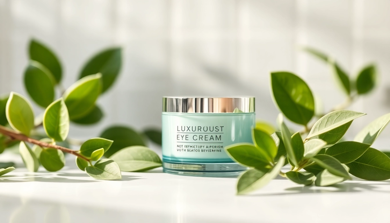Eye cream with peptides surrounded by fresh greenery in a tranquil bathroom setting.
