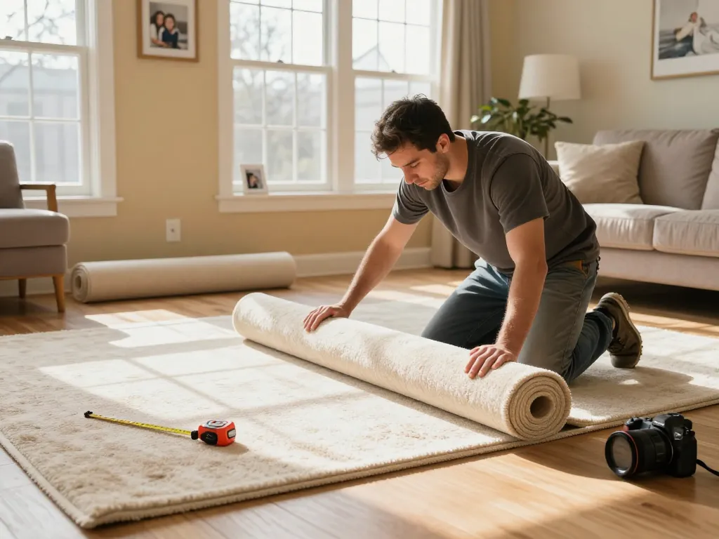 Residential carpet installation in a cozy living room with a professional installer at work, showcasing warm and inviting decor.