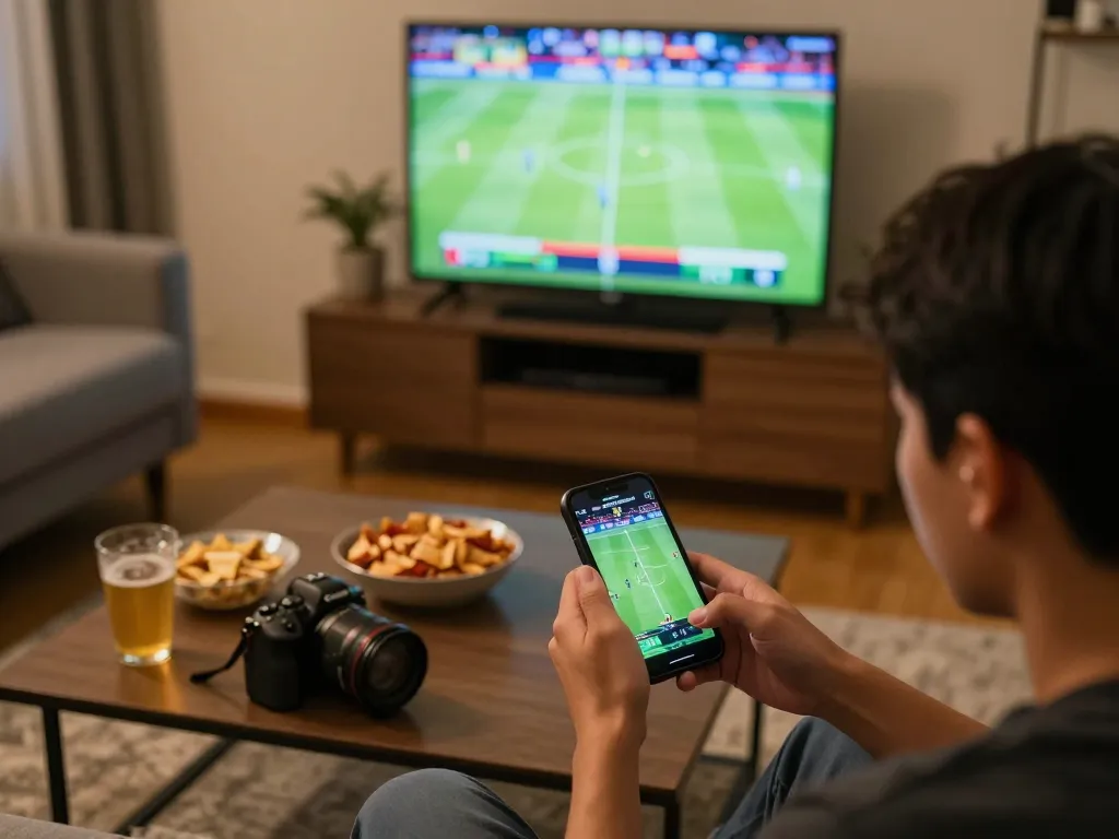 bong da truc tiep displayed on smartphone while enjoying a home sports betting experience with snacks and drinks