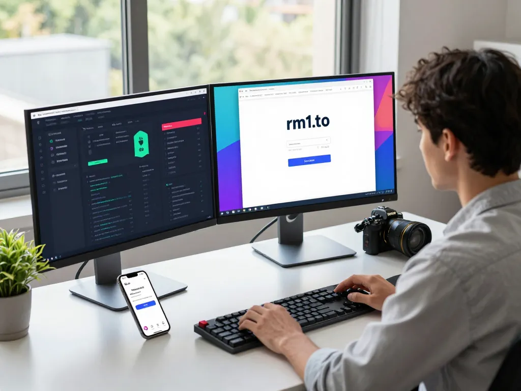 User accessing rm1.to login page on dual monitors in a modern tech workspace