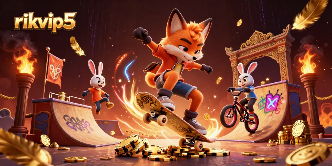 Engage with rikvip5's vibrant gaming scene featuring a stylized poker ramp and dynamic characters.