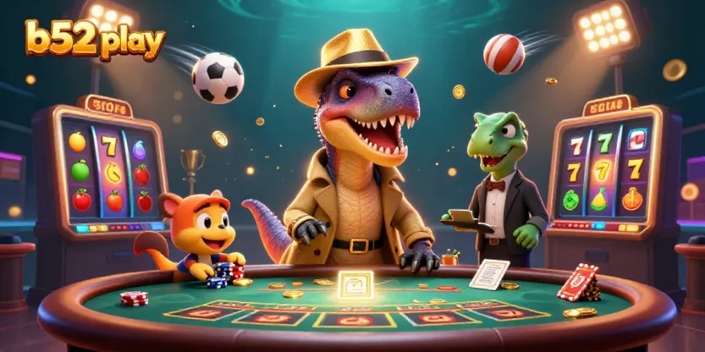 Experience the thrill of b52 play as a velociraptor card counter and friends navigate a vibrant casino scene.