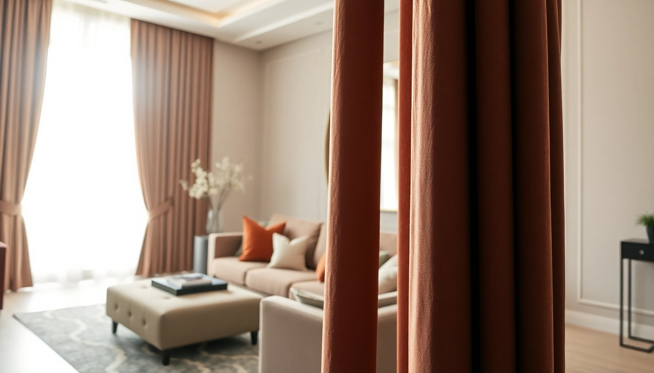 Dikke gordijnstof in een moderne woonkamer met warm licht en elegante decoraties.