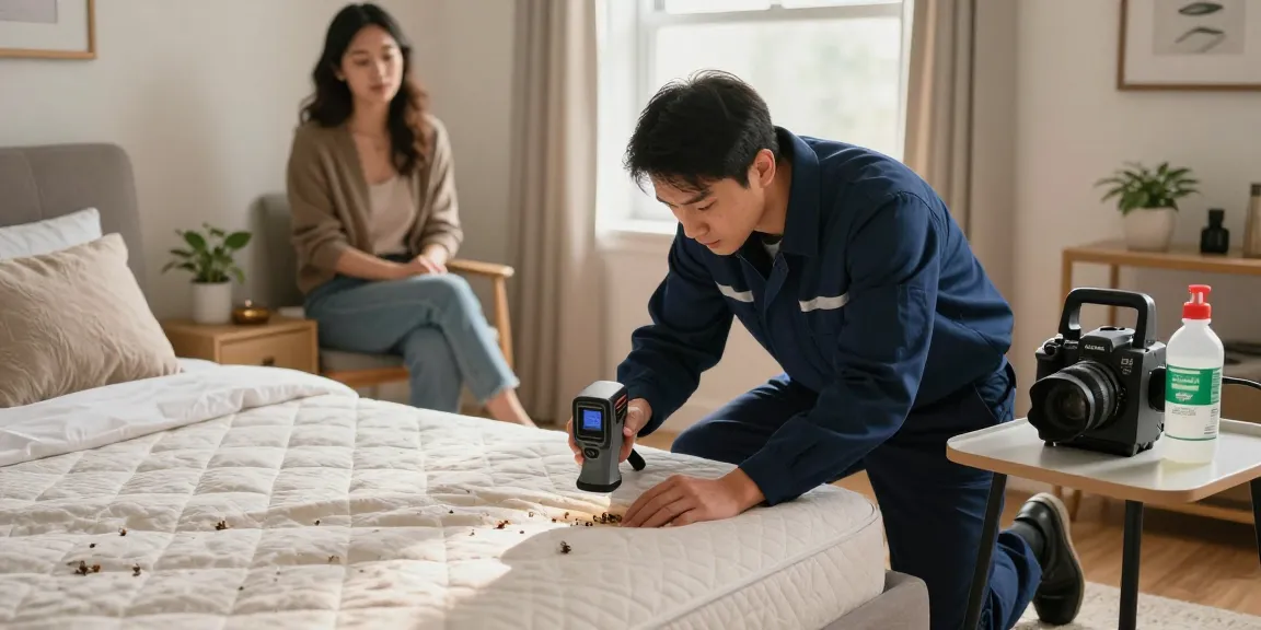 Technician inspecting for bed bug pest control in a residential bedroom, showcasing professional equipment and a thorough process.