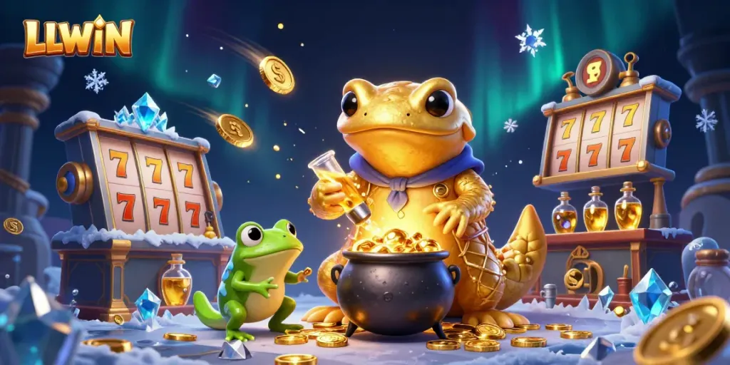 Experience LLWIN's exciting casino adventure with alchemists and slot reels in a vibrant setting.