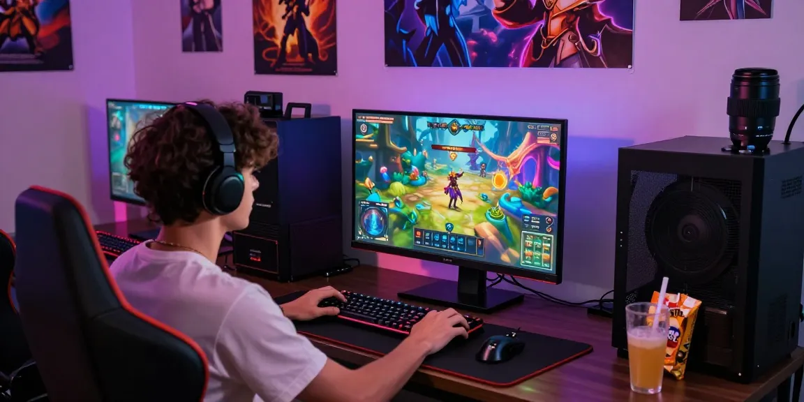 Engaging adult game scene with player immersed in colorful graphics and gaming setup.