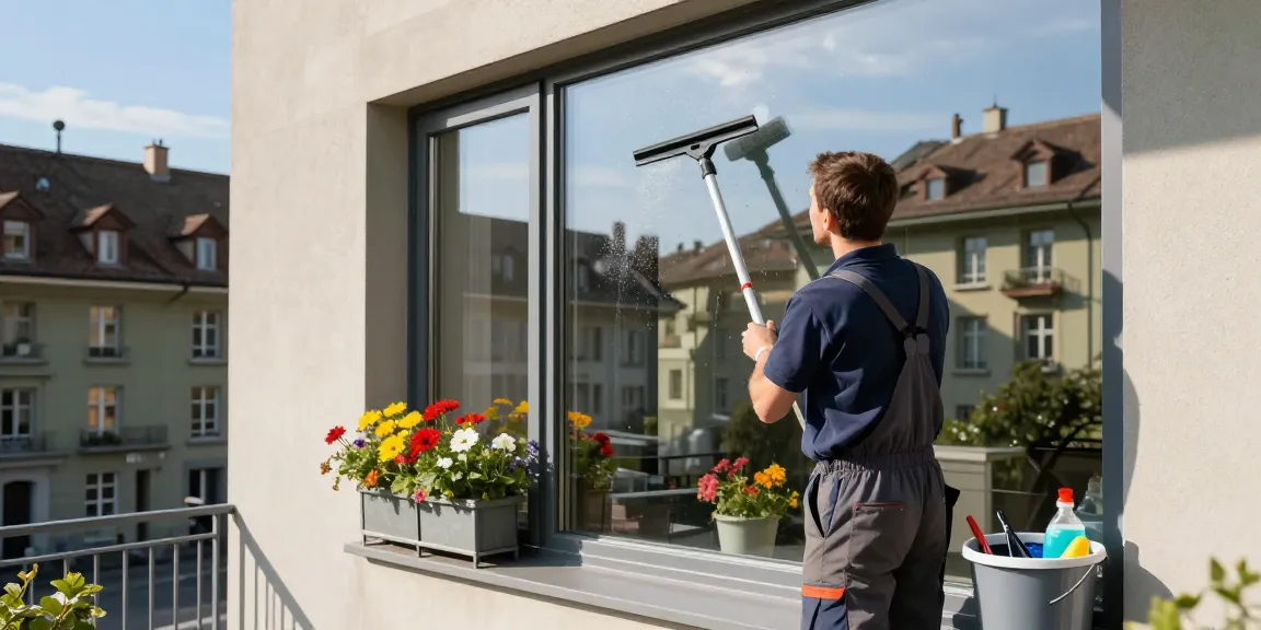 Window cleaner performing fensterreinigung bern on a sunny day, highlighting the importance of professional cleaning.
