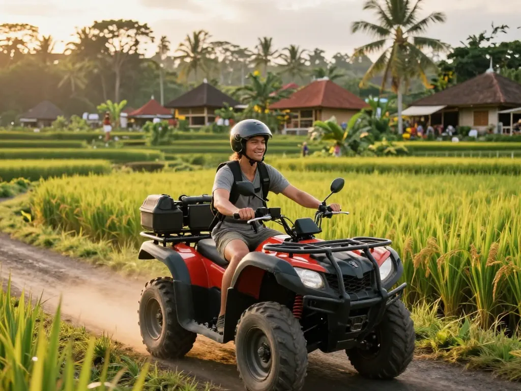 Adventure seeker enjoying best Bali tour packages on an ATV through lush landscapes.