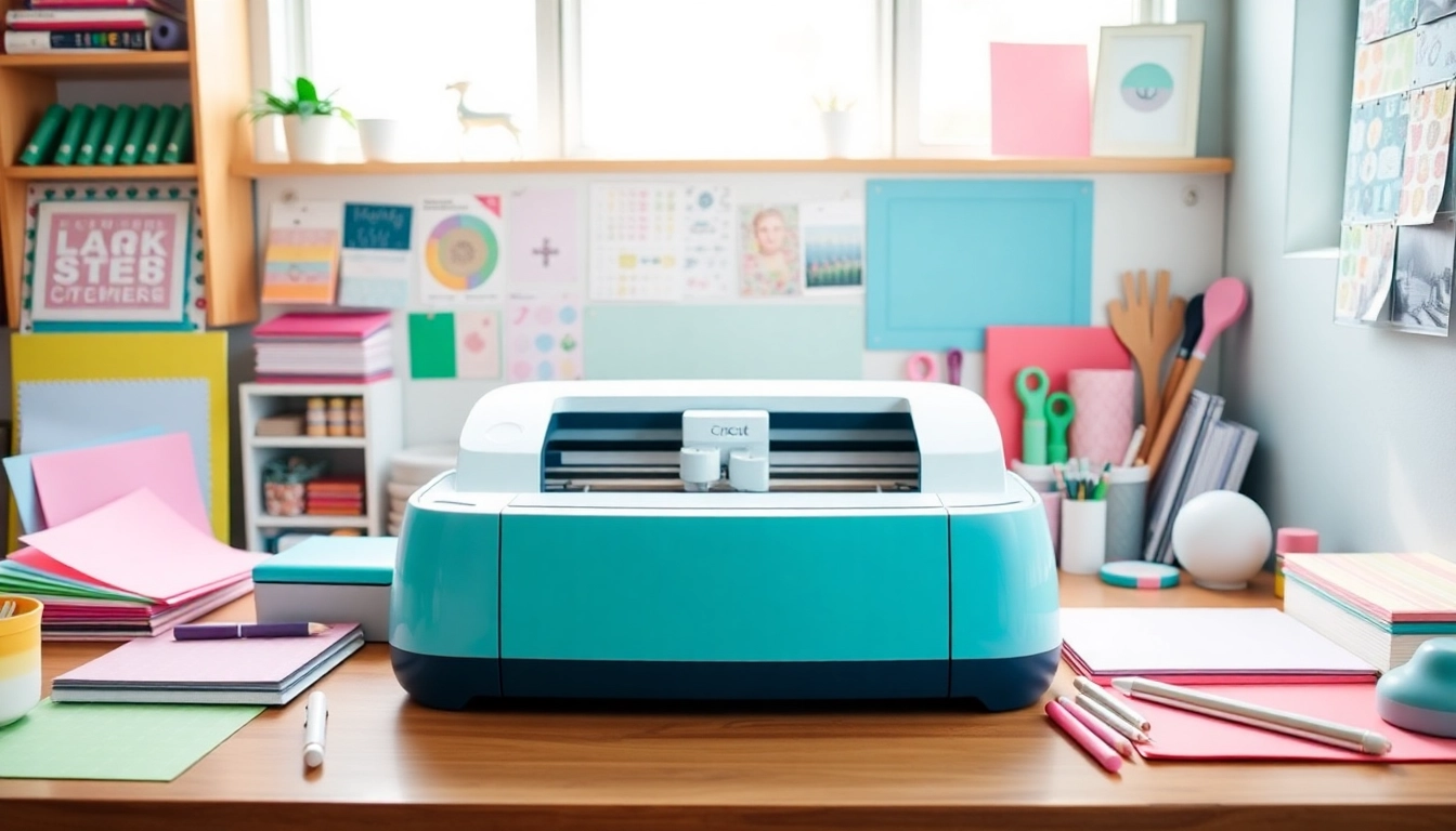 Cricut for beginners workspace featuring a Cricut machine, colorful crafting materials, and tools, creating an inviting atmosphere.