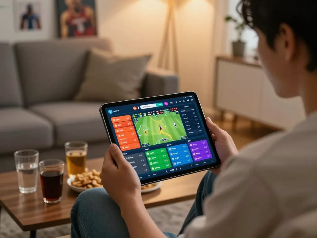 Engaged player analyzing keo nha cai stats while enjoying live sports at home.
