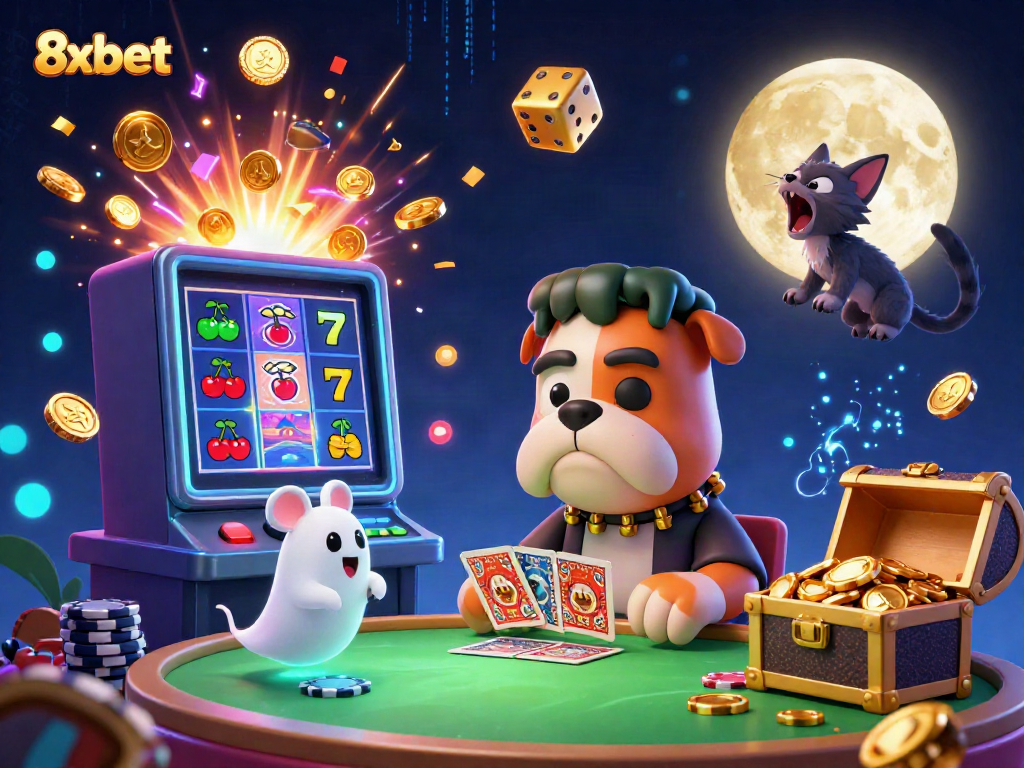 Experience thrilling casino action at 8xbet with a fun 3D illustration of a monster dealer and whimsical casino elements.