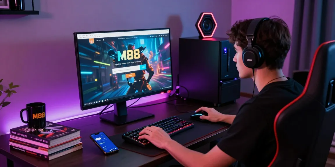 Engaged gamer preparing to login situs m88 on vibrant home setup.
