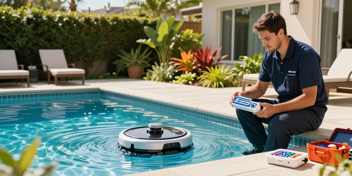 Dolphin Pool Services technician maintaining a luxury pool with sparkling water and professional equipment.
