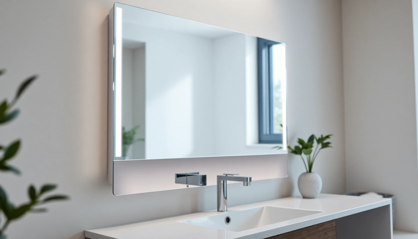 Admire the elegant led mirror reflecting serene bathroom light, showcasing modern design.