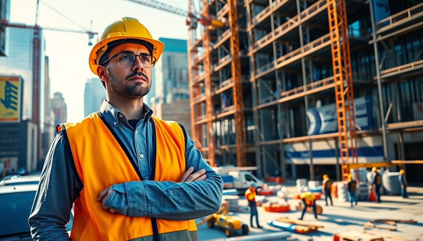 New York City Construction Manager confidently directing a bustling urban construction site.