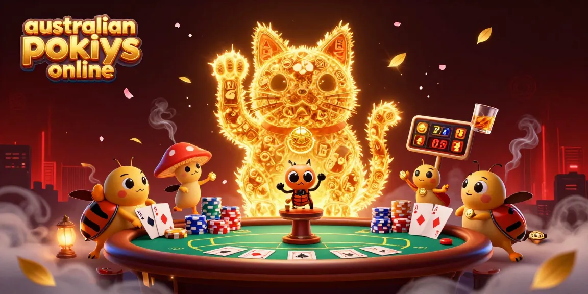 Experience the excitement of australian pokies online with a vibrant 3D scene featuring a lucky cat and poker elements.