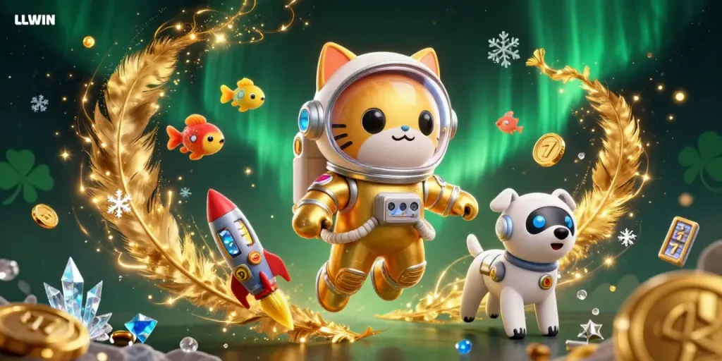 LLWIN online casino scene with a space cat and robot, dynamic gambling elements.