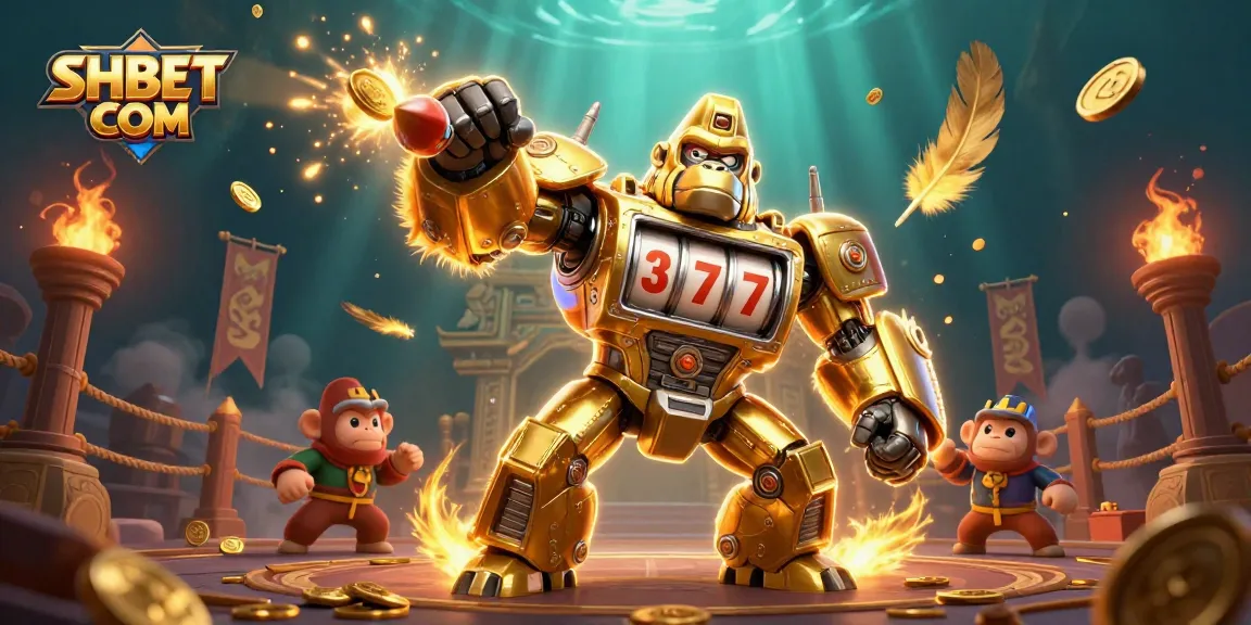 Engage in the excitement of SHBET COM with a dynamic illustration of a golden gorilla mech in a vibrant casino setting.