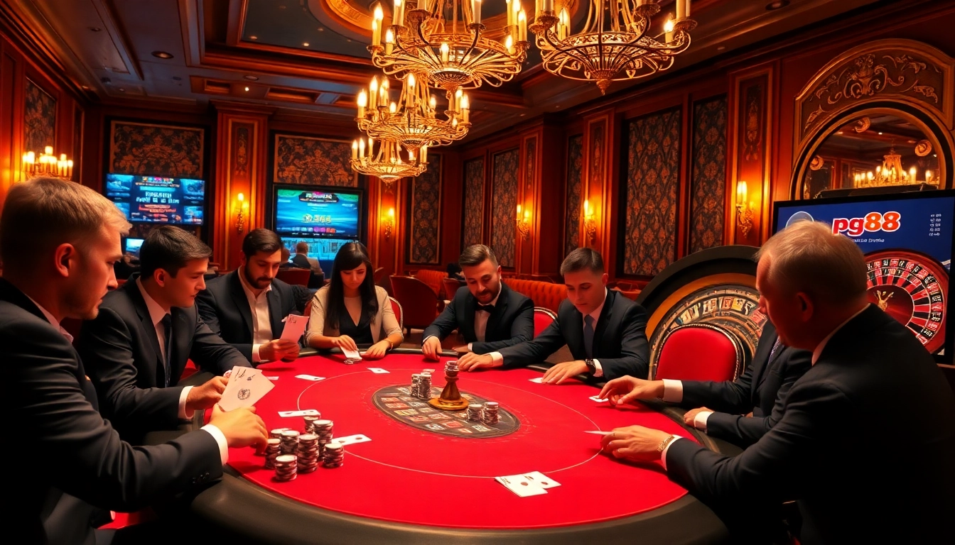 Players engage in high-stakes poker at pg88 casino, showcasing tension and thrill in a luxurious setting.