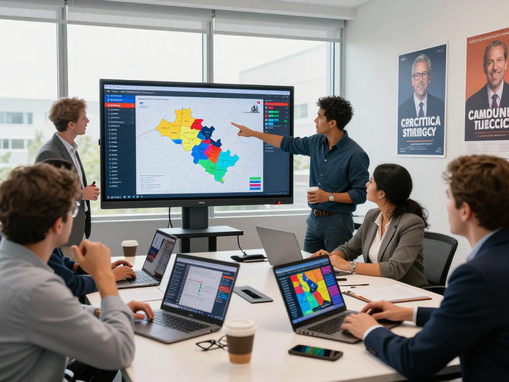 Political strategists collaborating in a modern office, highlighting super PAC advertising agency tactics for successful campaigns.