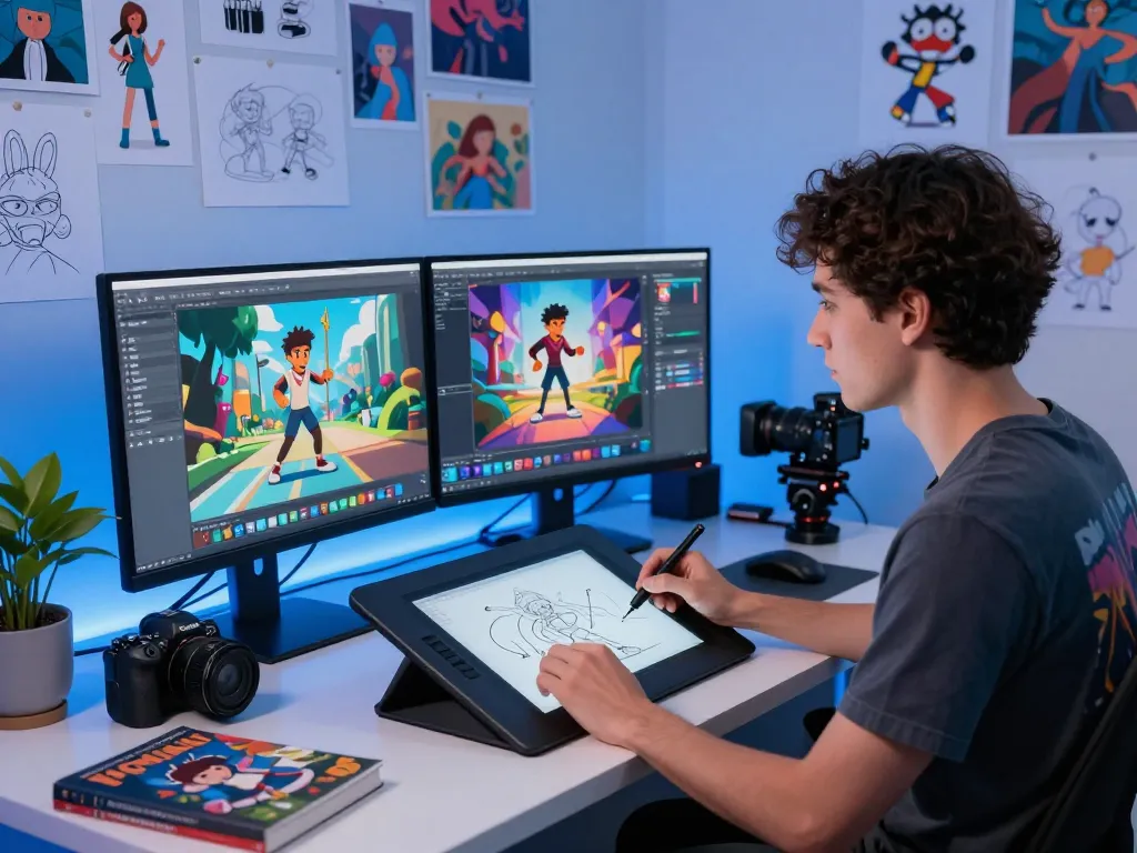 Creative studio scene showcasing mind control AI technology in action, as a digital artist designs dynamic animations.