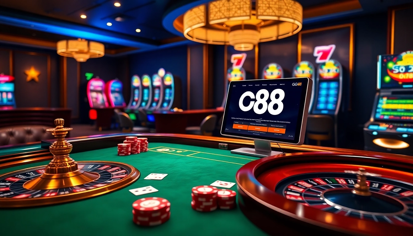 GO88 casino table with roulette, slot machines, and poker chips in a luxurious setting