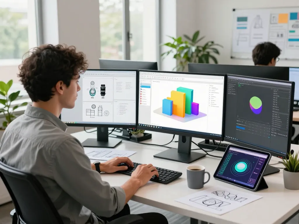 Developer using 3D product configurator software in a modern workspace with vibrant designs and collaborative elements.