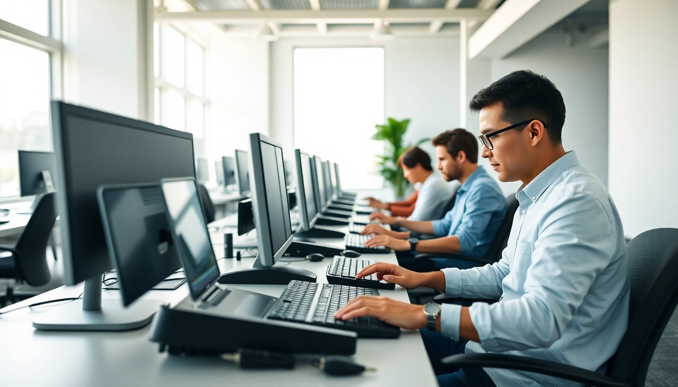 Engaged individuals at a Typing Center working in a modern, efficient environment.