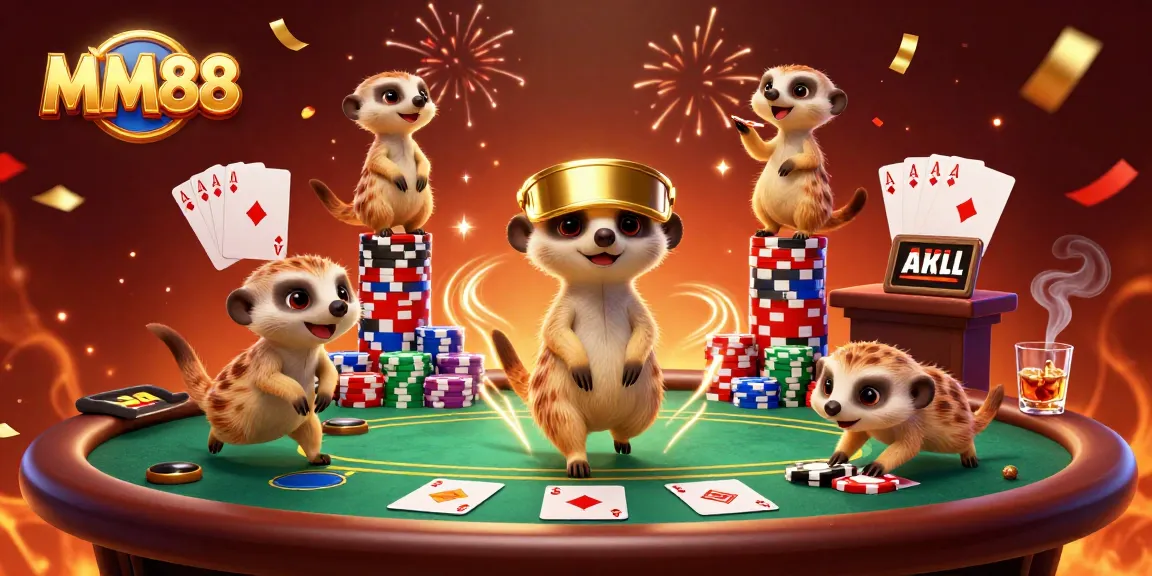 Experience MM88's vibrant casino world with playful meerkats dealing cards and sneaking chips.