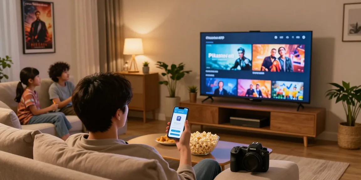 Pikashow APK streaming interface on a flat-screen TV in a cozy living room, showcasing a movie night atmosphere.