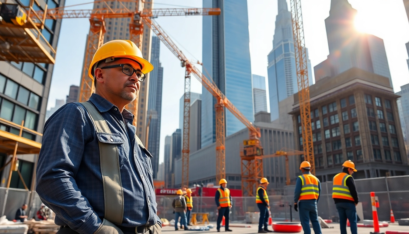 New York City General Contractor overseeing skilled workers at a bustling construction site.