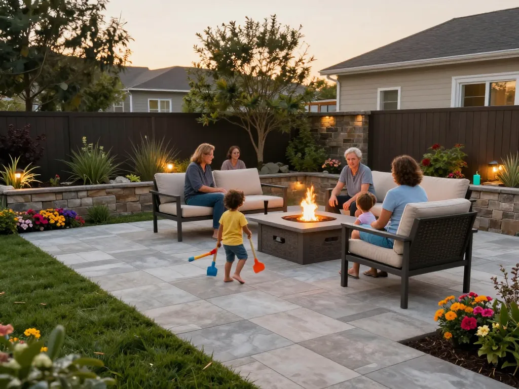 Paver installation near me, showcasing a family enjoying their newly transformed outdoor space with elegant paver patio and fire pit.
