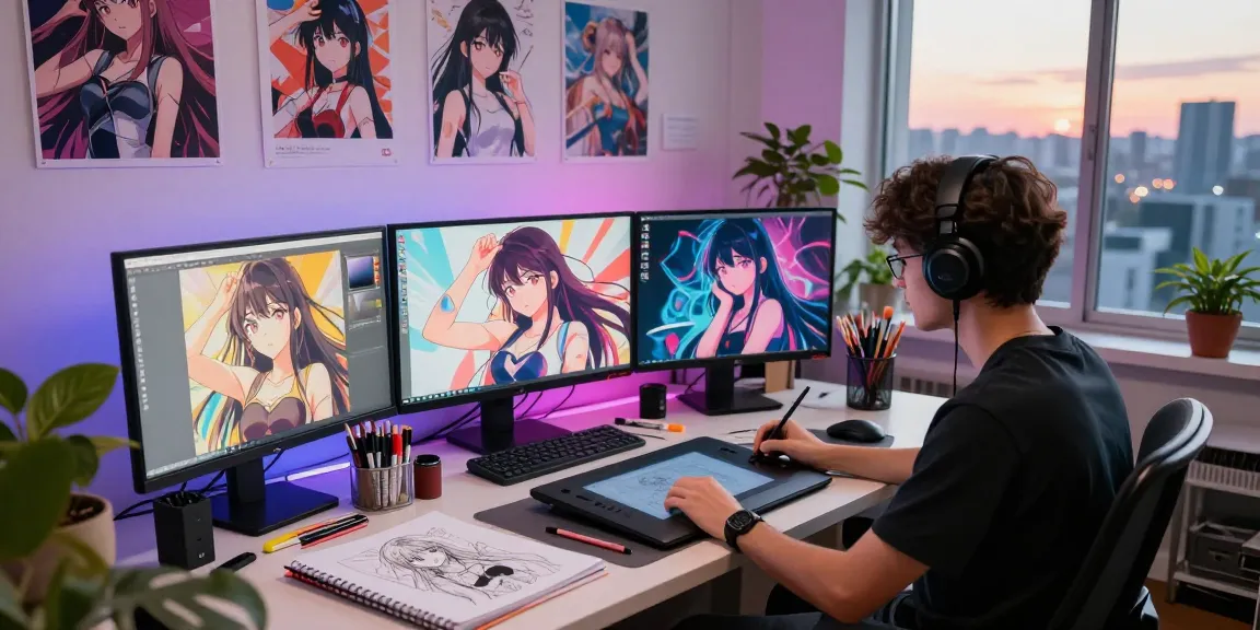 AI ecchi artist creating vibrant illustrations in dynamic studio atmosphere.