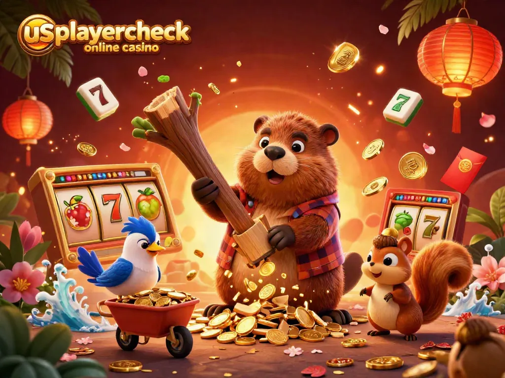 Experience winning at usplayercheck online casino with a fun scene featuring a cartoon beaver and vibrant slot elements.