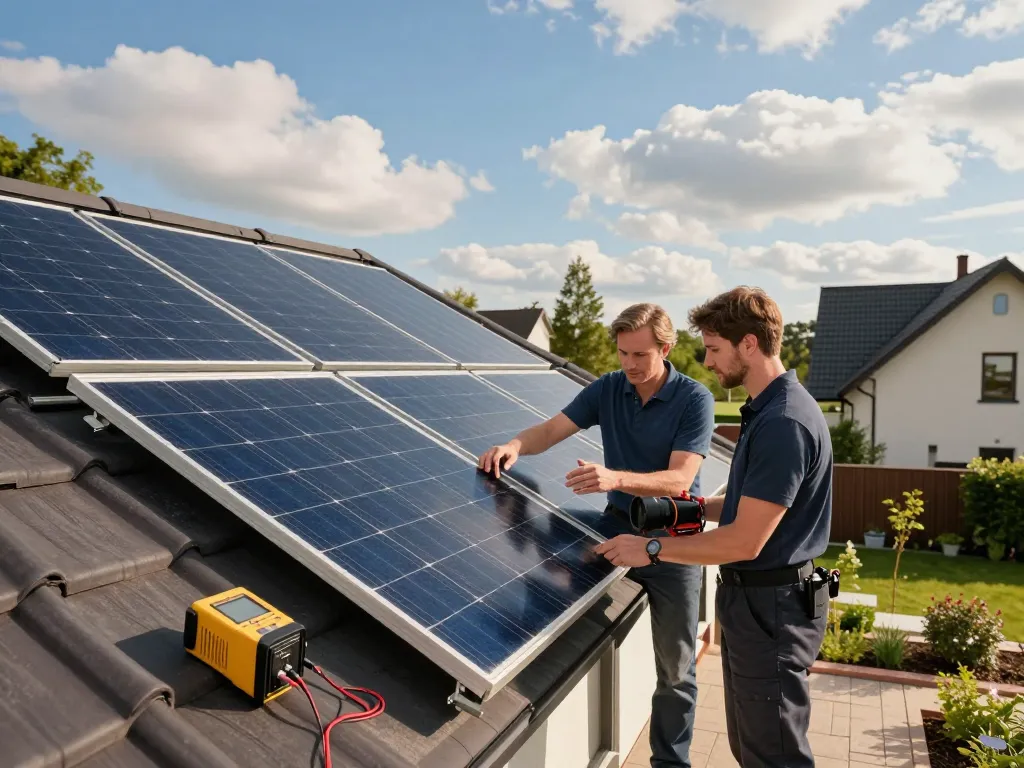 Technician discussing PID-Resistenz von PV-Modulen during rooftop inspection of solar panels.