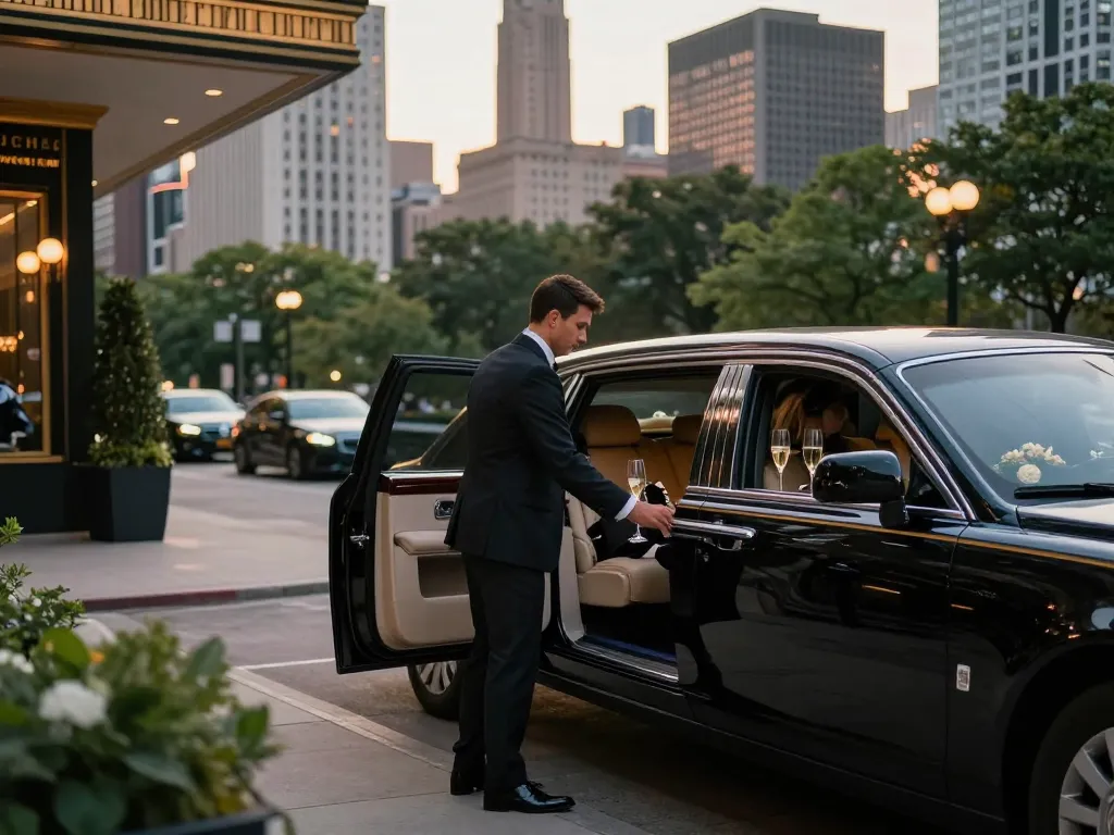 Chauffeur service luxury limo in Chicago & Metro Area with elegant interior and city skyline.