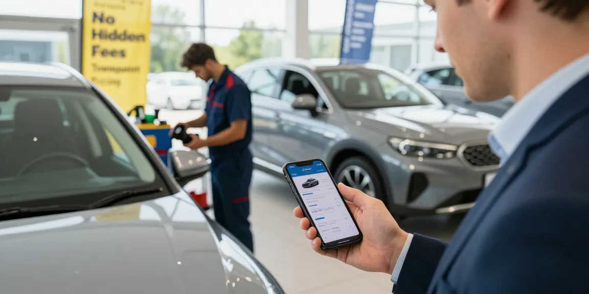 Car buyer checking a car history check UK report on smartphone while examining a used vehicle in a dealership.