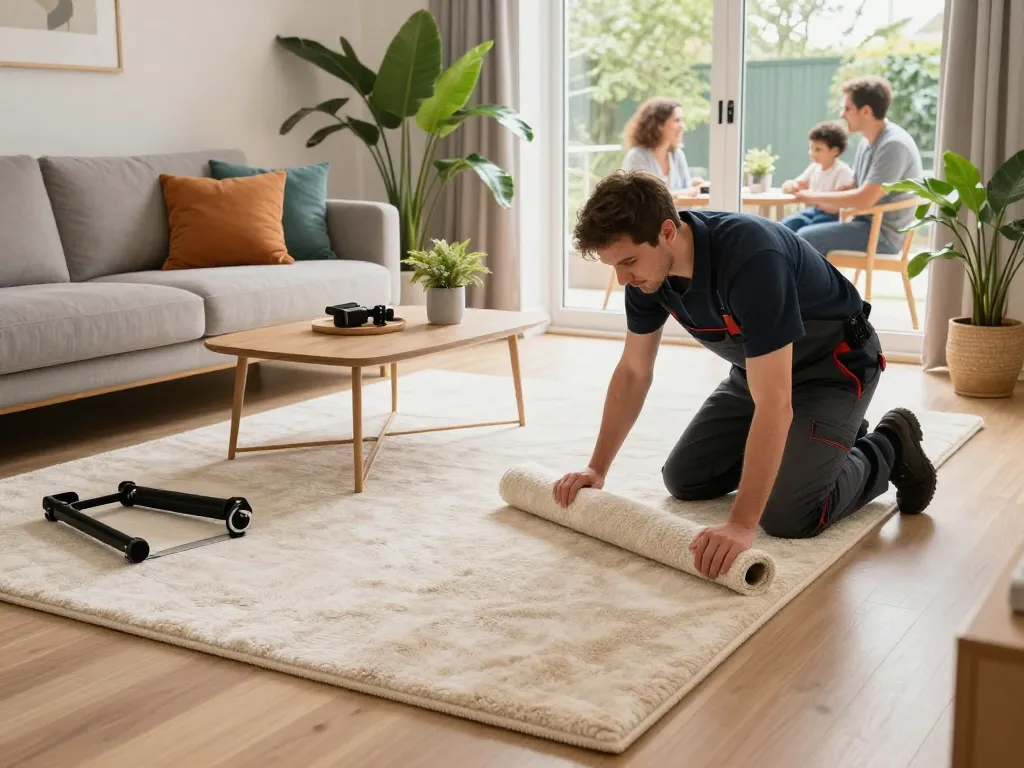 Professional carpet fitting services West London in a cozy home interior, showcasing a skilled tradesperson installing plush carpet.