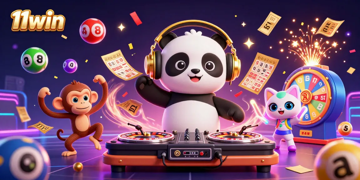 11win showcases a lively 3D party scene with a DJ panda, dancing monkey, and glowing kitten, surrounded by colorful casino elements.