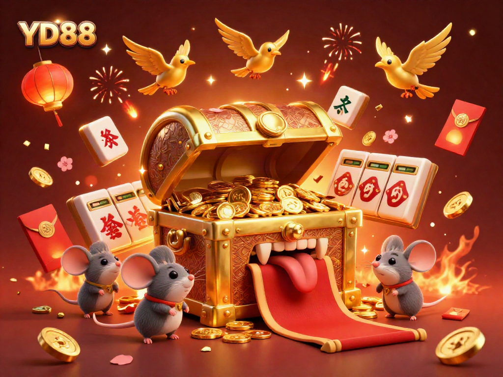 Engage with YD88's vibrant casino experience amidst a golden treasure scene with dynamic gaming elements.