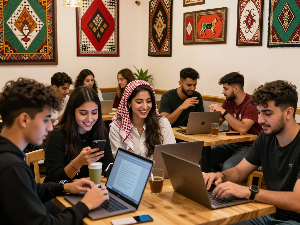 Engaging دردشة فلسطين scene with young adults in a cozy cafe.