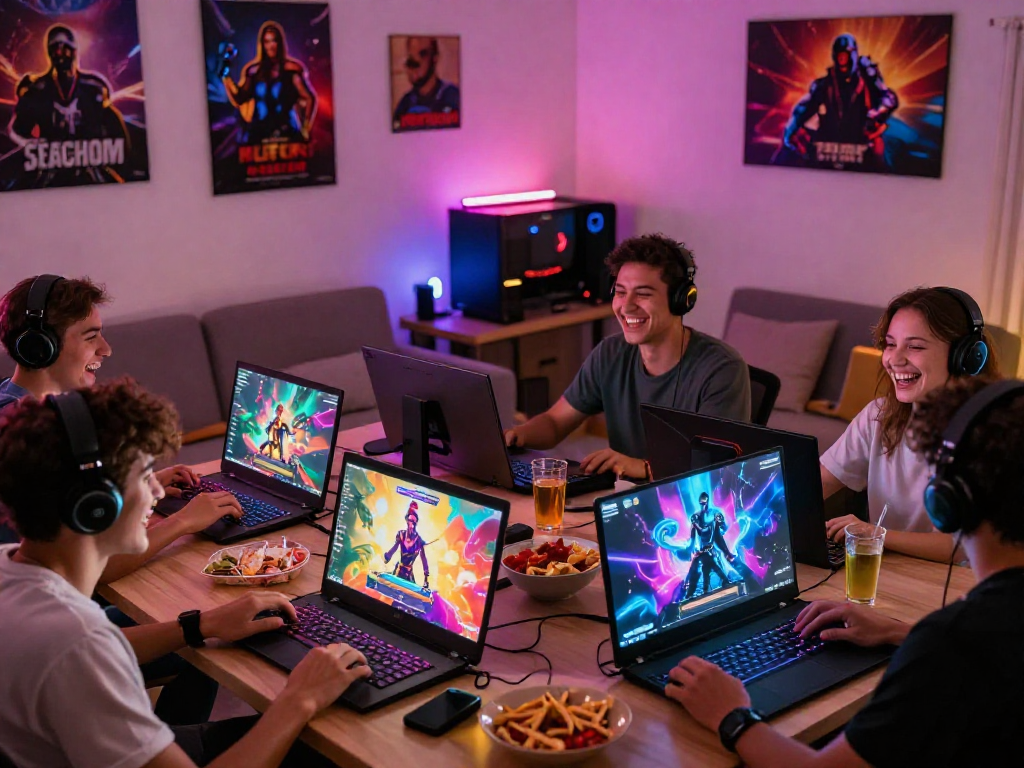 Group enjoying online sex games in a cozy gaming setup, vibrant atmosphere.