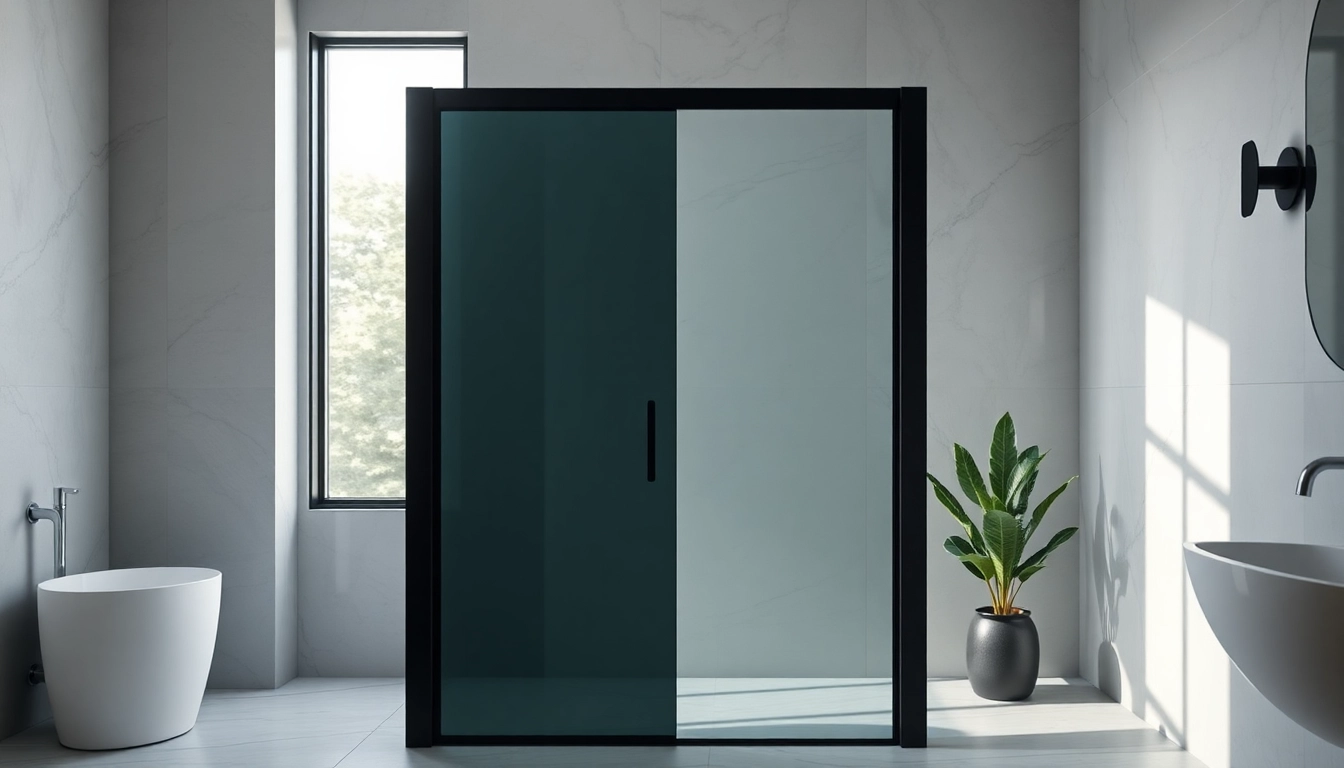 Stylish black shower door enhancing a modern bathroom with sleek design elements.