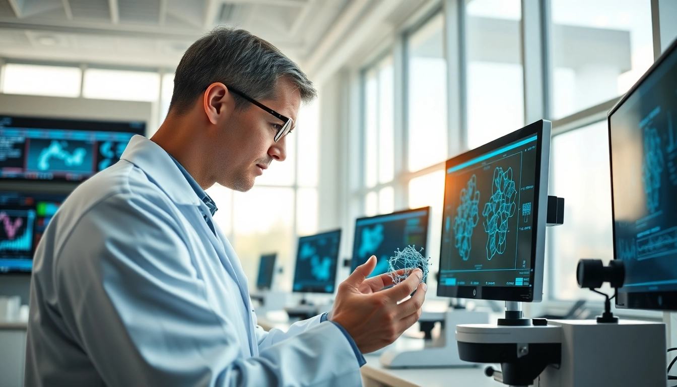 Scientist studying Retatrutide molecular structures in a modern laboratory setting.