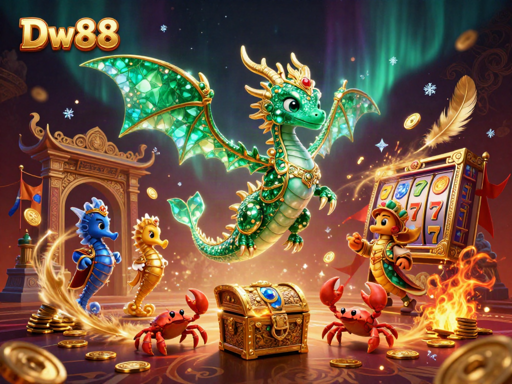 Bet on Dw88 with vibrant slots, a majestic dragon, and golden treasures in a captivating scene.