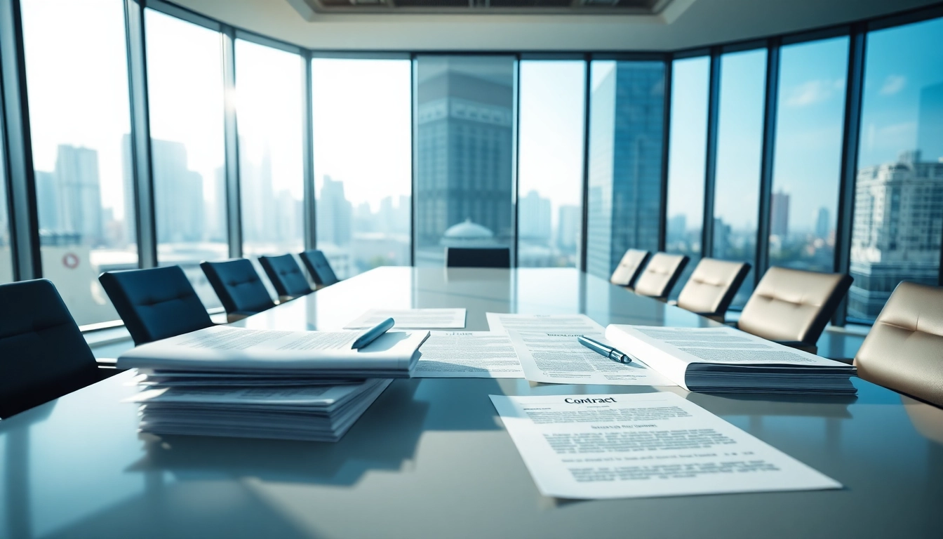 Streamlined workspace for Contract Management featuring organized legal documents and a professional atmosphere.