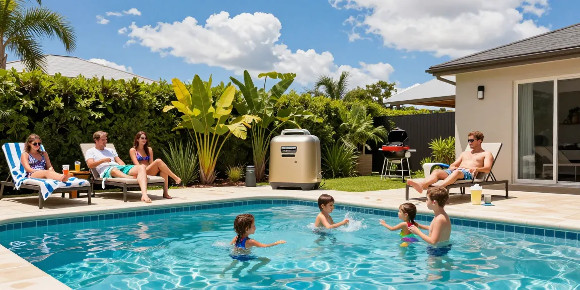 Family enjoying a pool with K-Chlor chlorinator, showcasing Replacement Cells in Australia.