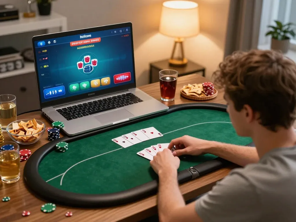 Player strategizing in an online poker game on FIVE88 with snacks and drinks within a cozy living room.
