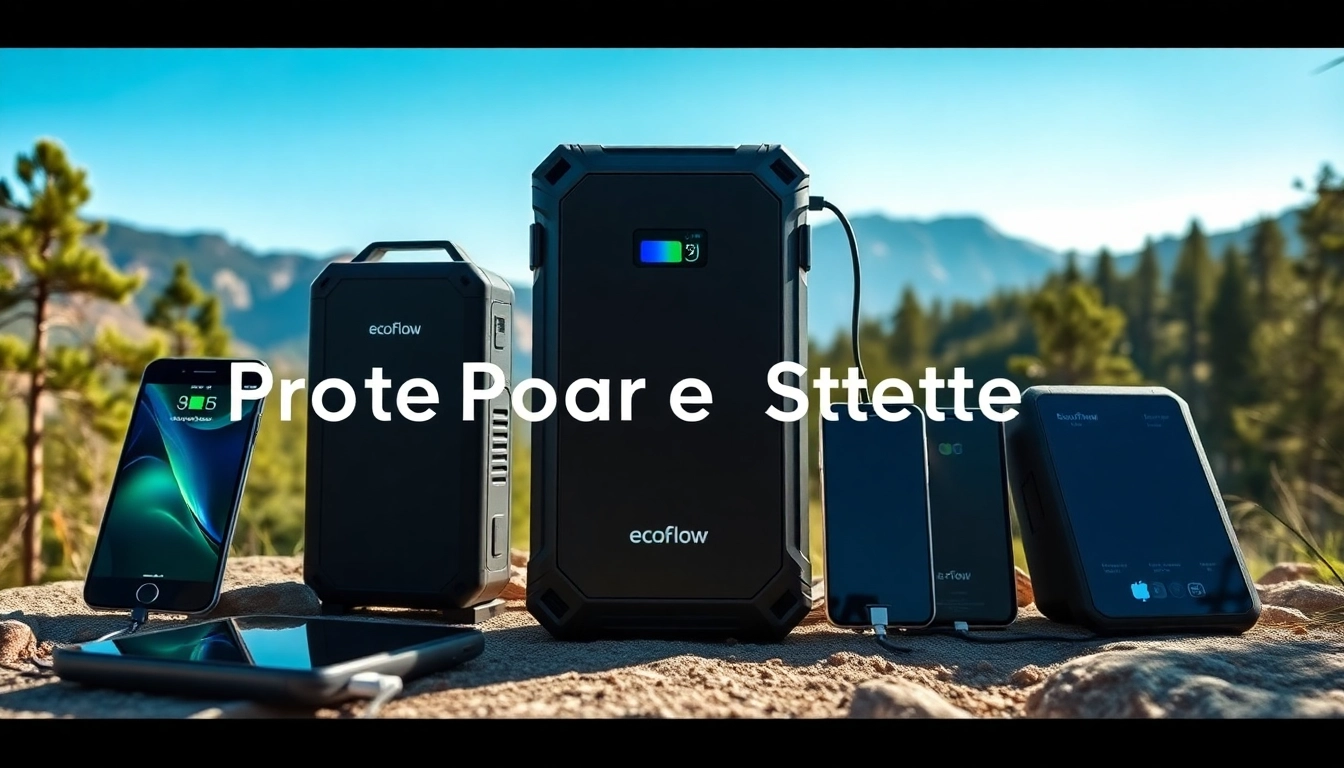 EcoFlow portable power stations charging devices in an outdoor environment.
